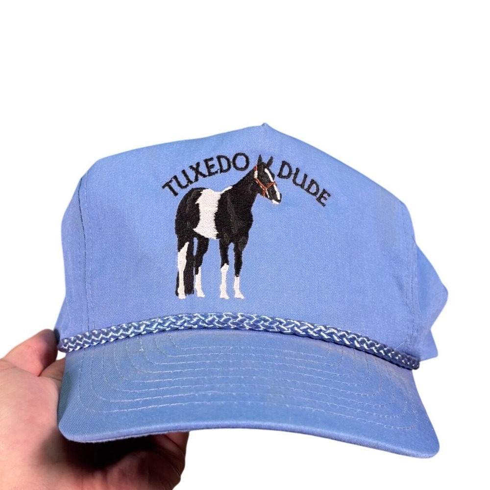 Vintage Tuxedo Dude Real Horses Trucker Nissin Cap Blue Snapback Hat